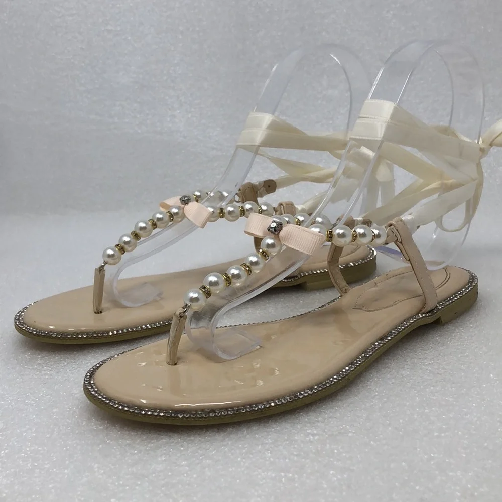 Kailee P Sandals Faux Pearl & Rhinestone Crystal Champagne Ankle Ribbon Size 33